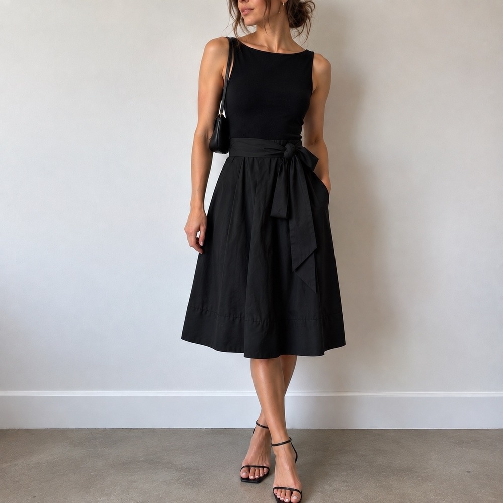 Lauren Ralph Lauren Black Fit & Flare Dress V-Back Tie Waist 12P Minimalist
